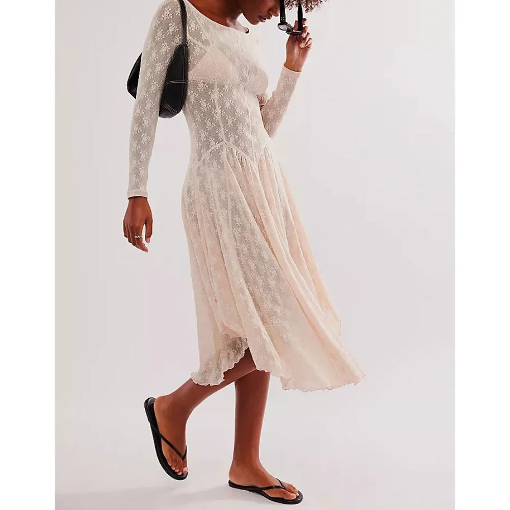 Free People Sheer Lace Long-Sleeve Chemise in Nude